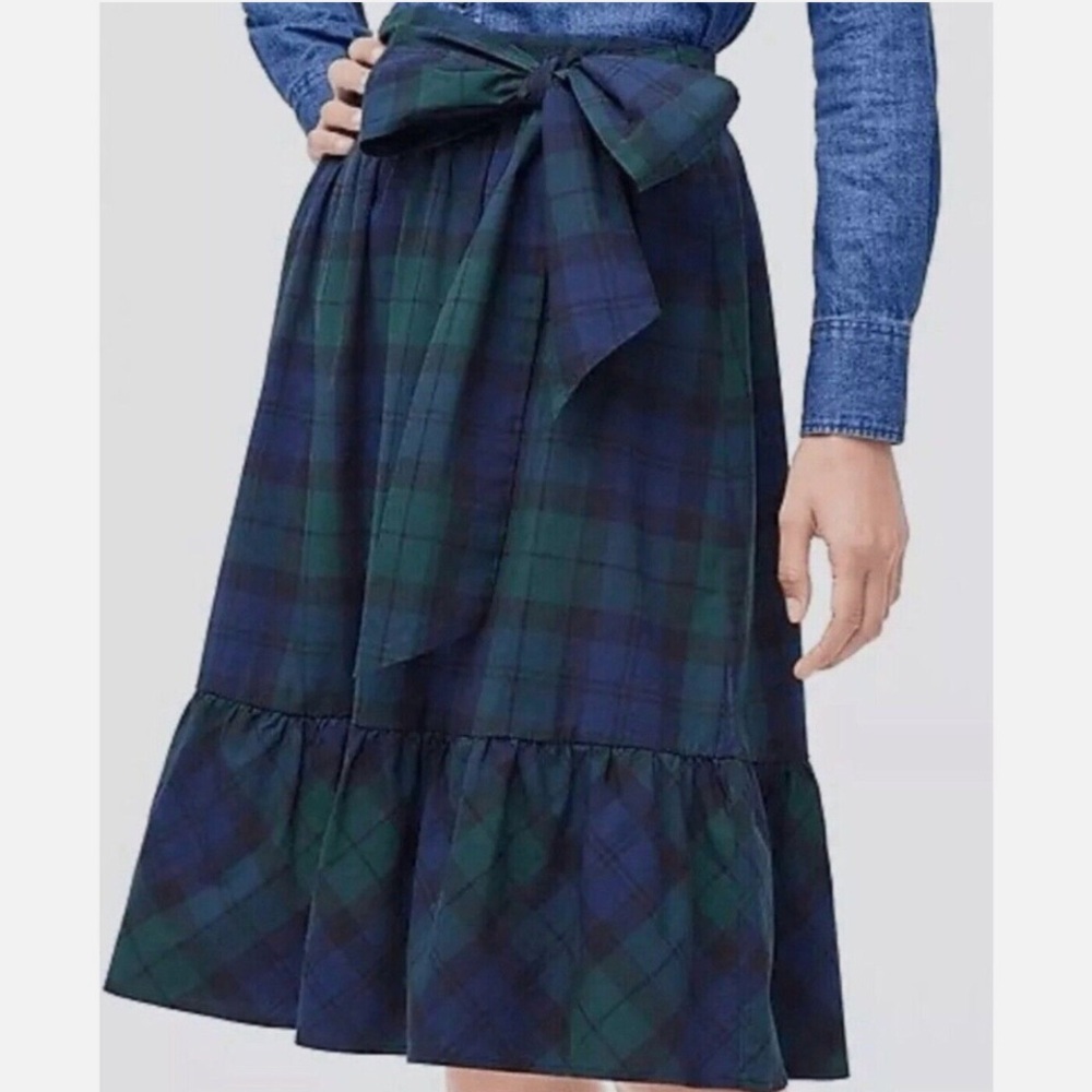 NWT J. Crew Factory AG866 Stewart Tartan Plaid Bow Midi Green Skirt 12